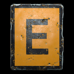 Public road sign orange and black color with a capital letter E in the center isolated on black background. 3d