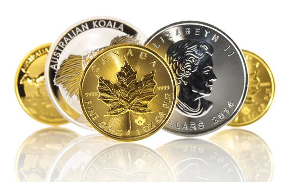 Gold And Silver Coins - White Background