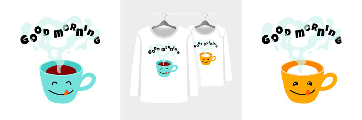 Paired t-shirt illustrations for parent and child withgood morning text and cup of coffee and milk