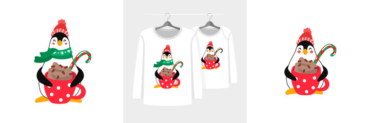 Paired t-shirt illustrations for parent and child with cozy penguin and cup of cocoa