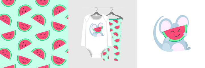 Seamless pattern and illustration with mouse hiding behind a watermelon