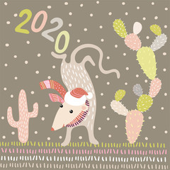 Acrobat mouse. Template postcard or Christmas poster with a pattern in the Scandinavian style. Cute illustration with animal - symbol of the year 2020