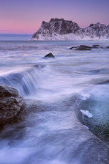 Uttakleiv beach on the Lofoten in Norway in winter