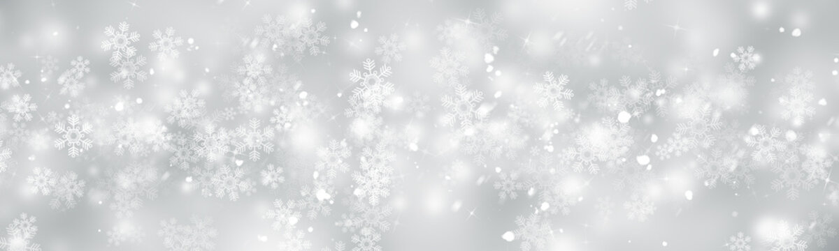 Plakaty white and gray Christmas light with snowflake bokeh background, Winter backdrop wallpaper.