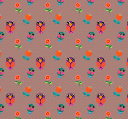 blooming colorful flowers and Olws retro background