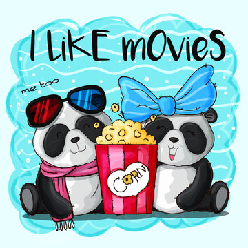 Cute panda watching a movie with 3d glasses illustration for kids.