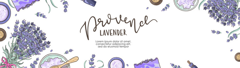 Background with lavender illustrations and lettering: Provence lavender and copy space for your text. Banner with lavender bundle, soap, volatile oil, and natural cosmetic on white background. 