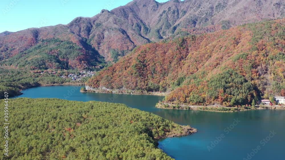 Poster Aerial view of beautiful Japan autumn at Saiko lake with red leaves