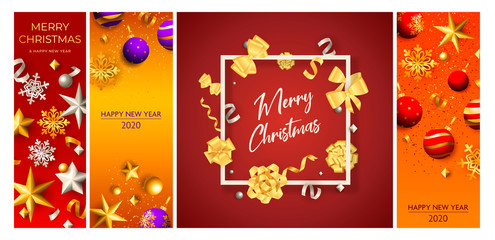 Christmas postcard set with frame, baubles, snowflakes, confetti, streamer, ribbons, bows. Vector illustration for festive posters, greeting cards, vertical banner design