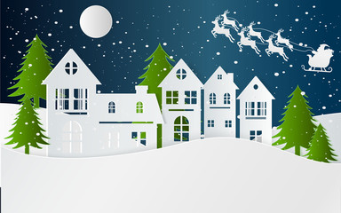 Fototapeta premium Winter Snow Urban Countryside Landscape City Village with full moon,Happy new year and Merry christmas,paper art and digital craft style