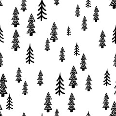 Fir scandinavian hand drawn seamless pattern. Ink doodle New Year, Christmas, winter, holidays texture with tree for print, paper, design, fabric, decor, gift wrap, background. Vector illustration