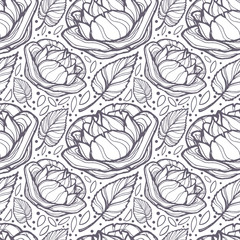Obraz premium Vector image of transparent buds of roses, their leaves and specks on a light background. Seamless background for the design of wallpaper, textile and wrapping paper.