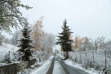 scenic view of empty road with snow covered landscape while snowing in winter season.turkey