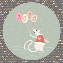 Vector image of a cute rat in a yolk with a heart, balloons and numbers 2020 in a light green circle in the Scandinavian style on a colorful background