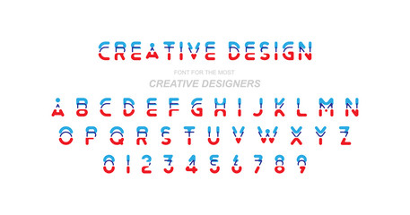 Creative Design font. Original Alphabet in red and blue colour for creative design template. Flat illustration EPS10