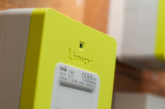 Mulhouse - France - 27 November 2019 - Closeup of New smart electric meter Linky from ERDF (Electricity Network Distribution France) in the entry of Building