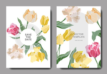 Vector Tulip engraved ink art. Wedding background card floral border. Thank you, rsvp, invitation card illustration .