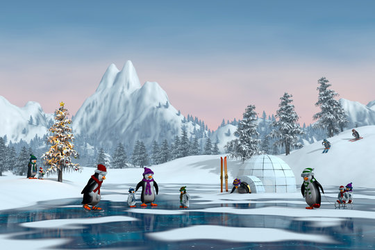 Penguins in a snowy Christmas mountain landscape, 3d render