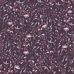 Obraz premium Textile floral pattern. Seamless vector texture with small flowers on a burgundy background in Scandinavian style.