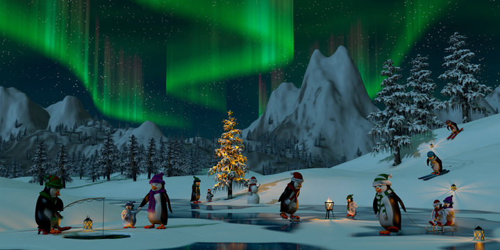 Penguins under the northern lights at Christmas time, 3d render