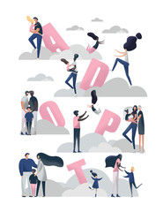 Adoption vector illustration. Family couples and single people with foster kids. Non traditional family homosexual couples male, female. Multinational families.