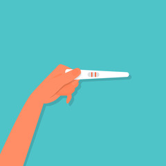 Hand of caucasian woman holding pregnancy test with positive result. Blue background. Flat style stock vector.