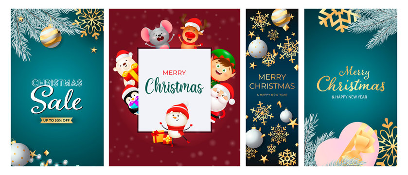 Christmas Sale poster set with cartoon characters, baubles, gifts, fir tree branches. Vector illustration for advertising flyers, banner design