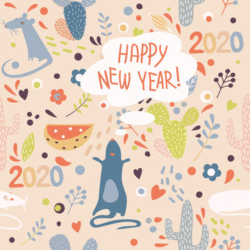 Vector image of a variety of mice, cacti, flowers and footprints with the English words "Happy New Year" in the Scandinavian style.