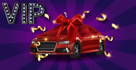 Obraz na płótnie Canvas New car presentation, red automobile lottery prize, expensive gift 3d realistic vector concept. Passenger car covered red satin, silk veil with ribbon bow, illuminated stage searchlights illustration
