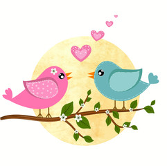 Love Birds Silhouette Vector with branches, hearts and flowers. Illustration birds love. Valentines day card. Couple romantic date. Engagement invitation