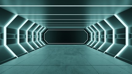 Fluorescent Lights Abstract Grunge Concrete Tunnel Room Sci Fi Futuristic Stage Empty Night Background 3D Rendering Illustration