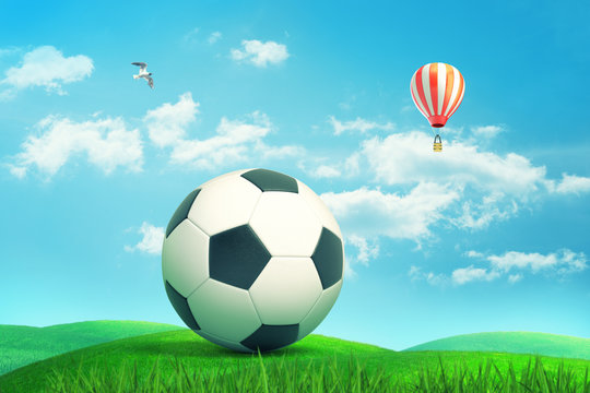 3d close-up rendering of a football on green grass against blue sky with hot air balloon and bird in it.
