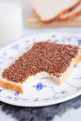 Sandwich with chocolate sprinkles or 'hagelslag', Dutch traditional food