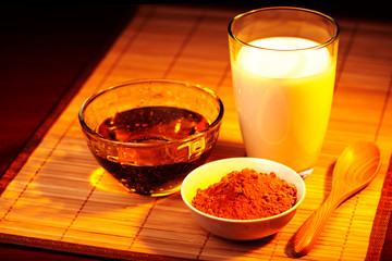 Solar spice a turmeric with milk and honey. Fragrant spice with vitamins.