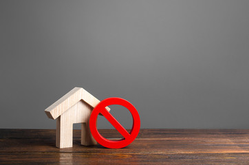 House and red prohibition sign no. Inaccessible and expensive housing. Seizure and freezing of assets by a bank, court. Restrictions and a ban on the construction of housing.