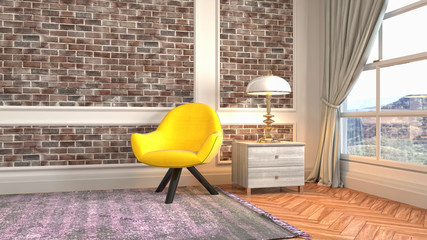 Plakat interior with chair. 3d illustration