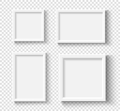 Empty white picture frames set. Square elegant plactic or wooden frame with soft shadow. Vector mockup on transparent background