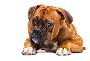 Obraz premium boxer dog lies and looks sideways on isolated on a white background