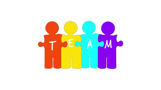 Animation of a group of 4 people in the form of puzzles on a white background.