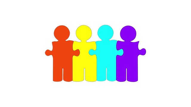 Animation of a group of 4 people in the form of puzzles on a white background.