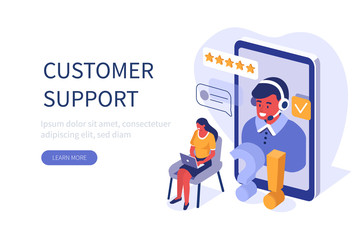 Woman Customer Asking Questions and Receive Answers. Male Customer Service Agent with Headsets Talking with Client. Online Technical Support and Helpdesk Concept. Flat Isometric Vector Illustration.