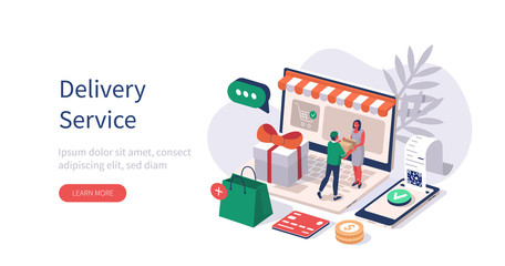 Fototapeta na wymiar Woman Shopping Online, Paying by Mobile and Receiving Goods with Delivery Service. Delivery Man giving Parcel Box to Customer. Online Delivery Concept. Flat Isometric Vector Illustration.
