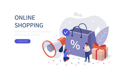 People Characters Holding Smartphones and Standing near Shopping Bag with Discount Sign.  Woman and Man Making Order in Mobile App. E-Commerce Concept. Flat Isometric Vector illustration.
