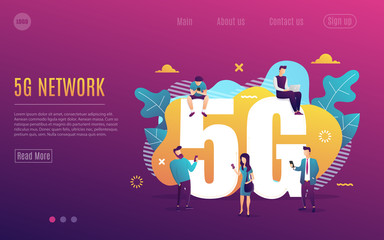 People with gadget use high-speed Internet vector illustration. 5G network wireless technology. Small man and big 5G sign. Flat cartoon style. Vector illustration EPS 10