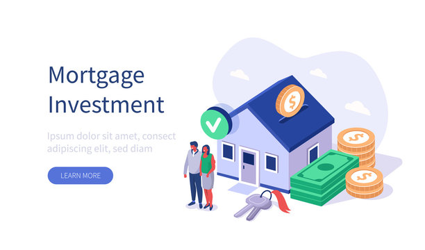 Family Buying Home with Mortgage and Paying Credit to Bank. People Invest Money in Real Estate Property. House Loan, Rent and Mortgage Concept. Flat Isomt Concept. Flat Isometric Vector Illustration. 