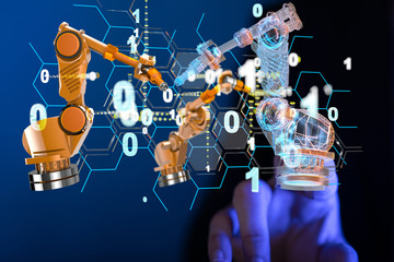 Industry 4.0 concept -  Robot arm in smart factory background.