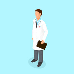 Isometric male doctor With patient’s chart vector icon illustration