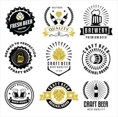 Set of Craft Beer company badge, sign or label. Vector illustration. Vintage design for winery company, bar, pub, shop, branding and restaurant business. Coaster for beer