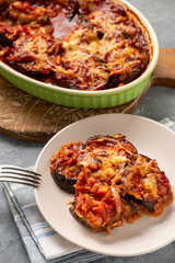 Eggplant casserole with tomato sauce and cheese, mediterranean cuisine.