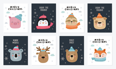 Merry Christmas and Happy New Year poster collection with cute animals